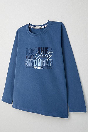 Boy Long Sleeve T-Shirt Motivational Themed Text Printed Indigo (6-12 Years Old)
