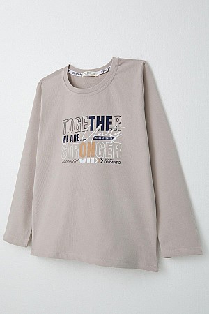 Boy Long Sleeve T-Shirt Motivational Themed Text Printed Beige (6-12 Years Old)