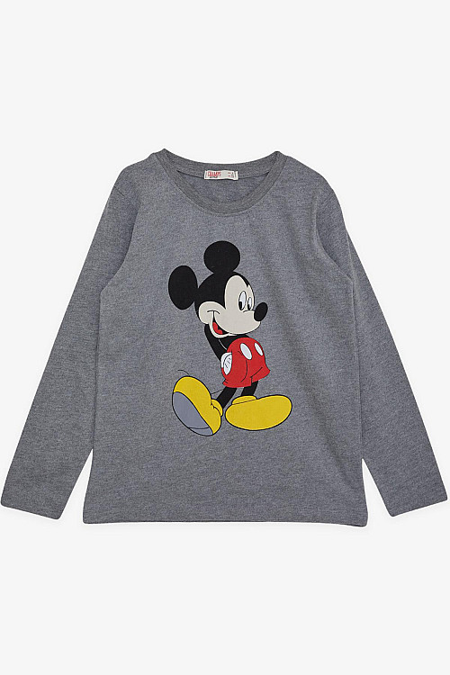 Erkek Çocuk Uzun Kollu Tişört Mickey Mouse Baskılı Koyu Gri Melanj (4-8 Yaş)