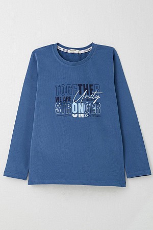 Boy Long Sleeve T-Shirt Motivational Themed Text Printed Indigo (6-12 Years Old)