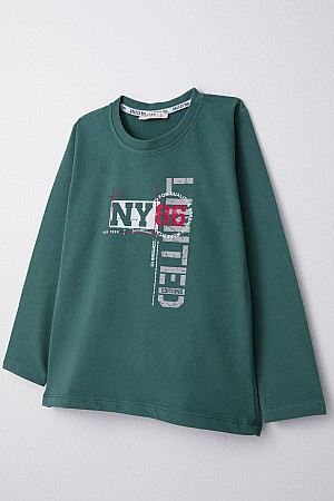 Boy Long Sleeve T-Shirt Text Printed Petrol Green (6-12 Years Old)