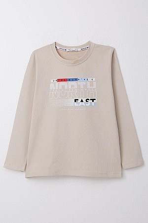 Boy Long Sleeve T-Shirt Text Printed Beige (6-12 Years Old)