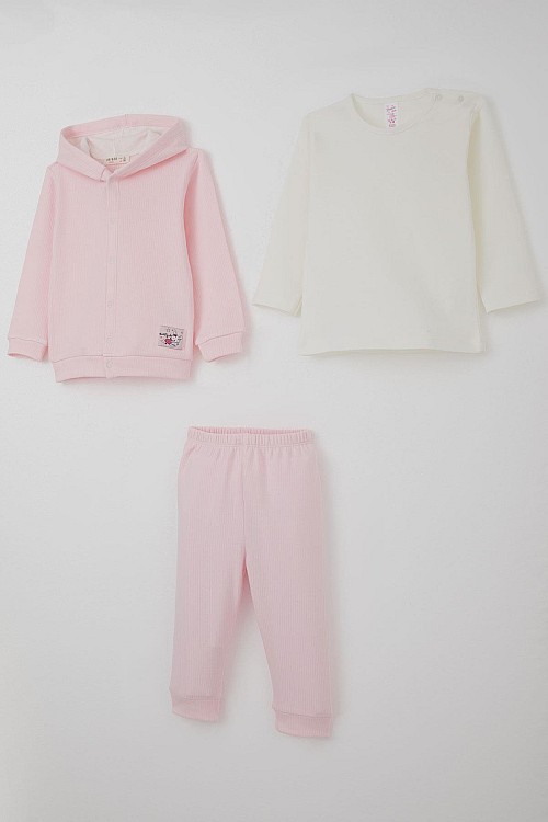 Kız Bebek Bodyli 3 Lü Takımı Sevimli Minik Tavşancık Armalı Çıtçıtlı Pembe (4 Ay-1 Yaş)