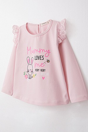 Baby Girl Long Sleeve T-Shirt Mother&#39;s Love Themed Bunny Printed Lace Pink (9 Months-3 Years)