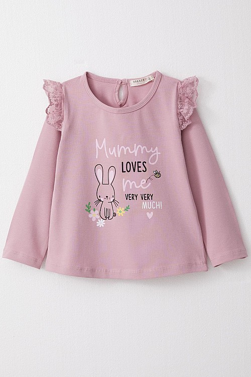 Kız Bebek Uzun Kollu Tişört Anne Sevgisi Temalı Tavşancık Baskılı  Lila (9 Ay-3 Yaş)