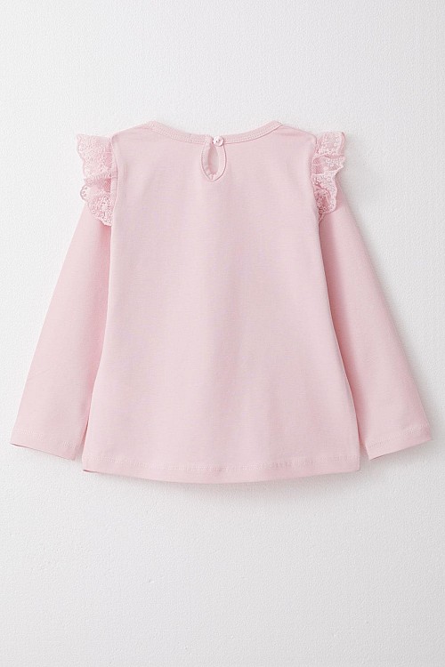 Kız Bebek Uzun Kollu Tişört Anne Sevgisi Temalı Tavşancık Baskılı Güpürlü Pembe (9 Ay-3 Yaş)
