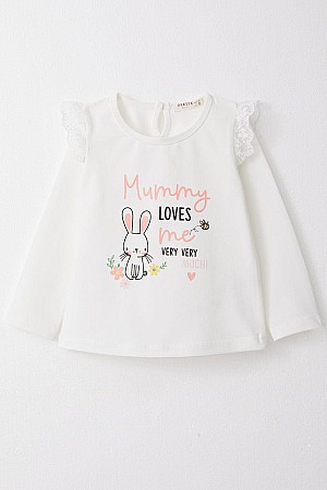 Baby Girl Long Sleeve T-Shirt Mother&#39;s Love Themed Bunny Printed Lace Ecru (9 Months-3 Years)