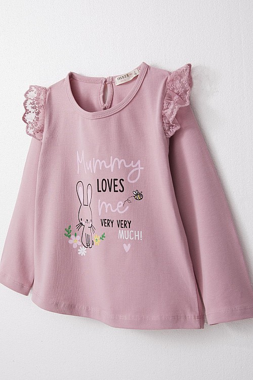 Kız Bebek Uzun Kollu Tişört Anne Sevgisi Temalı Tavşancık Baskılı  Lila (9 Ay-3 Yaş)