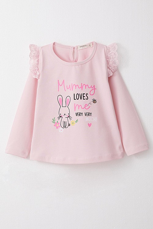 Kız Bebek Uzun Kollu Tişört Anne Sevgisi Temalı Tavşancık Baskılı Güpürlü Pembe (9 Ay-3 Yaş)