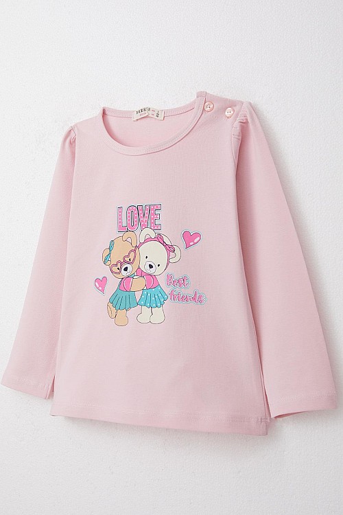 Kız Bebek Uzun Kollu Tişört Arkadaş Temalı Sevimli Ayıcıklar Baskılı Pembe (9 Ay-3 Yaş)