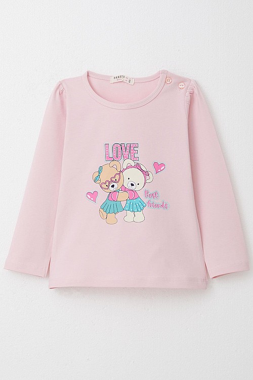 Kız Bebek Uzun Kollu Tişört Arkadaş Temalı Sevimli Ayıcıklar Baskılı Pembe (9 Ay-3 Yaş)
