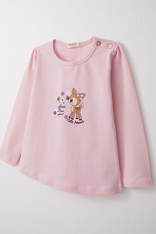 Kız Bebek Uzun Kollu Tişört Sevimli Ceylancık Baskılı Pembe (9 Ay-3 Yaş)