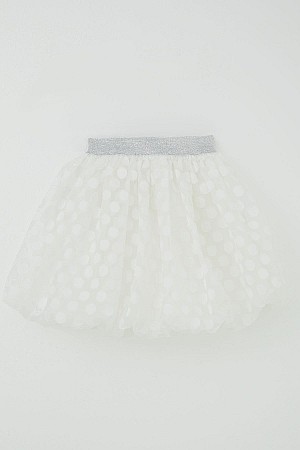 Girls' Balloon Skirt with Polka Dot Pattern and Bow Accessory, Ecru (Ages 5-9)