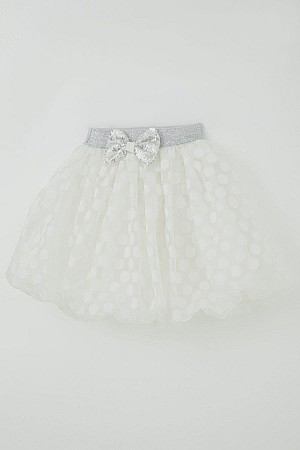 Girls' Balloon Skirt with Polka Dot Pattern and Bow Accessory, Ecru (Ages 5-9)