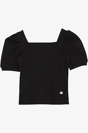 Kız Çocuk Crop Tişört Kare Yaka Siyah (8-14 Yaş)