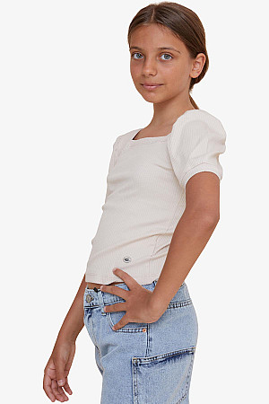 Kız Çocuk Crop Tişört Kare Yaka Bej (8-14 Yaş)