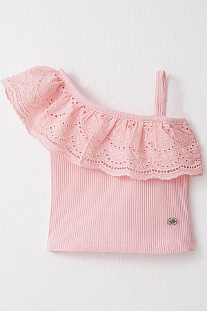 Kız Çocuk Crop Tişört Tek Omuzlu Güpür Detaylı Pembe (2-6 Yaş)