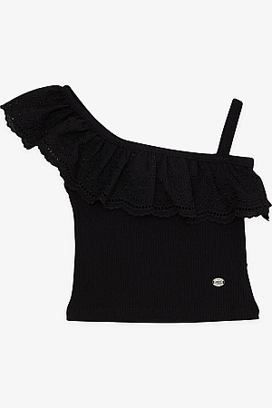 Kız Çocuk Crop Tişört Tek Omuzlu Güpür Detaylı Siyah (2-6 Yaş)