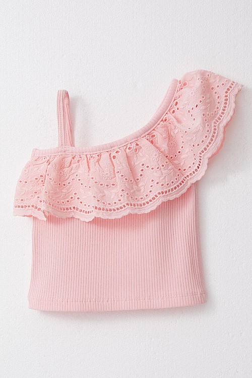 Kız Çocuk Crop Tişört Tek Omuzlu Güpür Detaylı Pembe (2-6 Yaş)