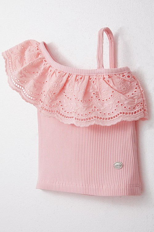 Kız Çocuk Crop Tişört Tek Omuzlu Güpür Detaylı Pembe (2-6 Yaş)