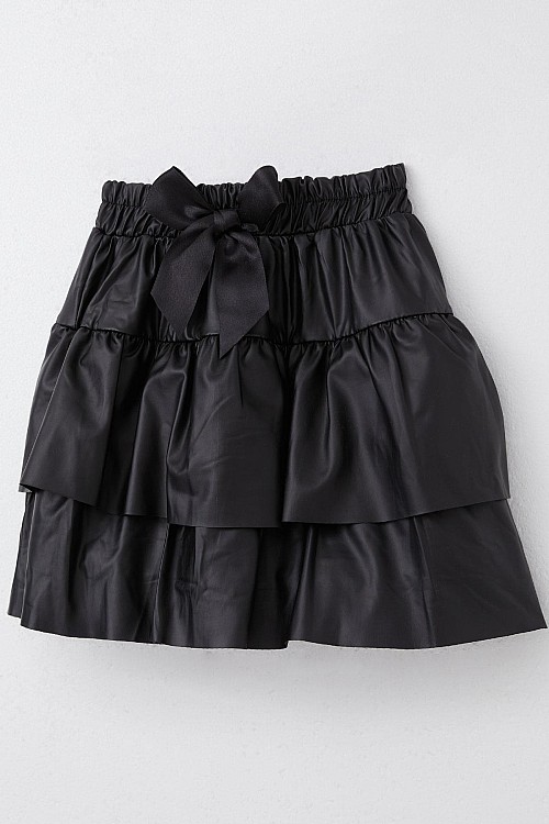 Kız Çocuk Deri Etek Kat Kat Fiyonklu Siyah (5-10 Yaş)