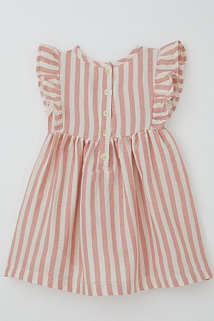 Kız Çocuk Elbise Arkası Düğme Detaylı Kol Kısmı Fırfırlı Ekru (3-8 Yaş)