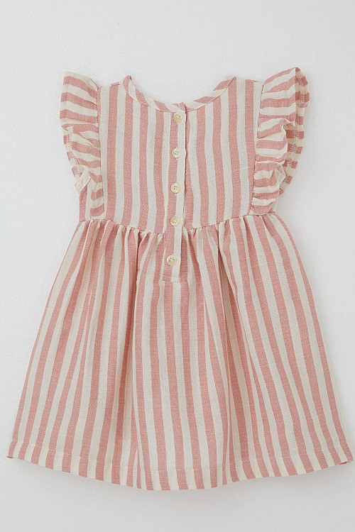 Kız Çocuk Elbise Arkası Düğme Detaylı Kol Kısmı Fırfırlı Ekru (3-8 Yaş)