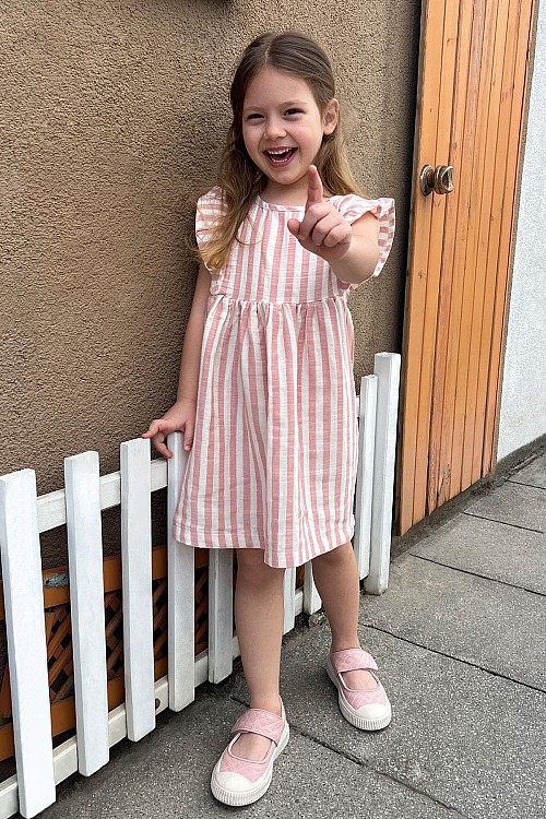 Kız Çocuk Elbise Arkası Düğme Detaylı Kol Kısmı Fırfırlı Ekru (3-8 Yaş)