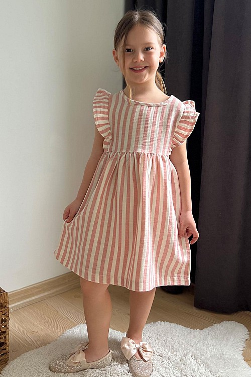 Kız Çocuk Elbise Arkası Düğme Detaylı Kol Kısmı Fırfırlı Ekru (3-8 Yaş)