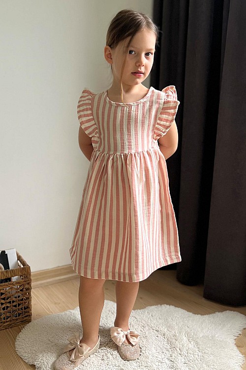 Kız Çocuk Elbise Arkası Düğme Detaylı Kol Kısmı Fırfırlı Ekru (3-8 Yaş)