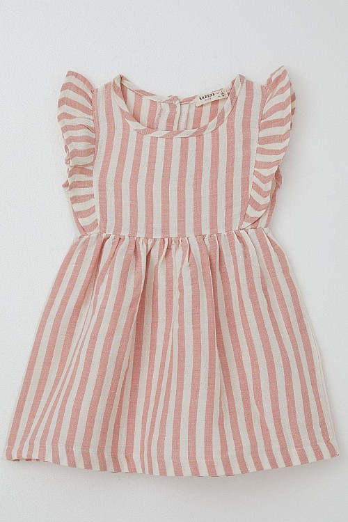 Kız Çocuk Elbise Arkası Düğme Detaylı Kol Kısmı Fırfırlı Ekru (3-8 Yaş)