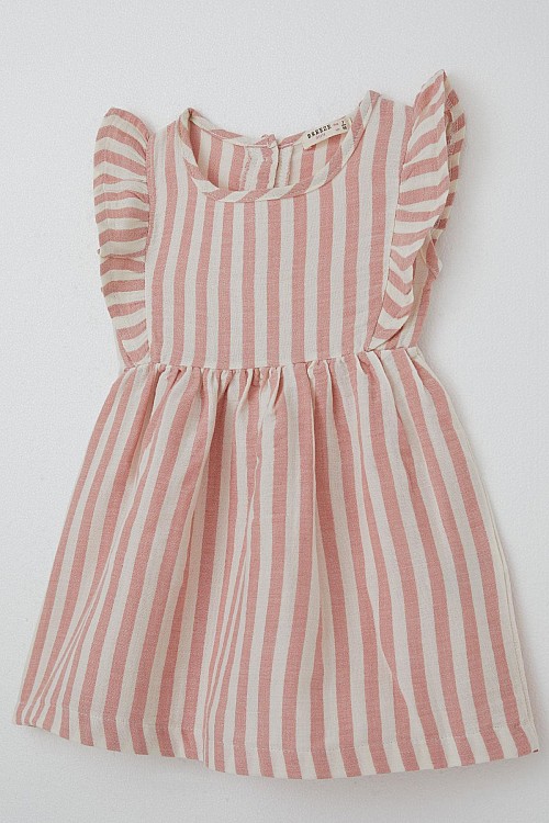 Kız Çocuk Elbise Arkası Düğme Detaylı Kol Kısmı Fırfırlı Ekru (3-8 Yaş)