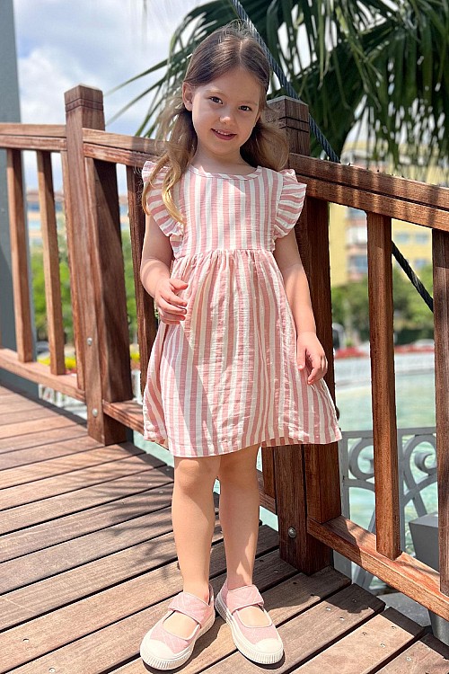 Kız Çocuk Elbise Arkası Düğme Detaylı Kol Kısmı Fırfırlı Ekru (3-8 Yaş)