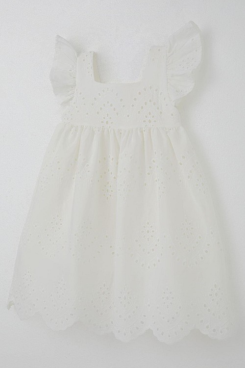 Kız Çocuk Elbise Çiçek Nakışlı Arka Kısmı Fermuarlı Ekru (3-8 Yaş)