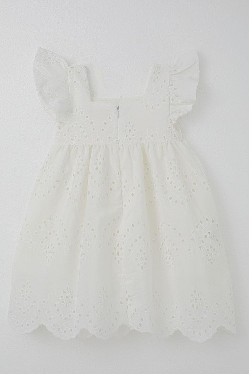 Kız Çocuk Elbise Çiçek Nakışlı Arka Kısmı Fermuarlı Ekru (3-8 Yaş)