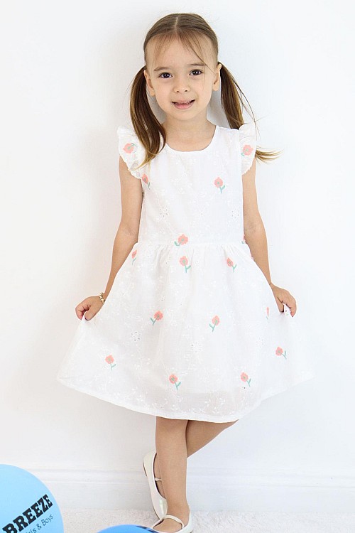 Kız Çocuk Elbise Çiçek Nakışlı Güpür Detaylı Ekru (3-7 Yaş)