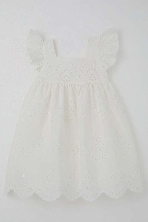 Kız Çocuk Elbise Çiçek Nakışlı Arka Kısmı Fermuarlı Ekru (3-8 Yaş)