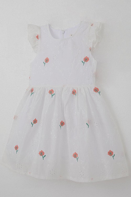 Kız Çocuk Elbise Çiçek Nakışlı Güpür Detaylı Ekru (3-7 Yaş)