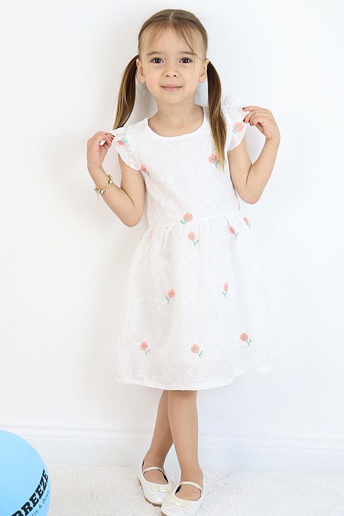 Kız Çocuk Elbise Çiçek Nakışlı Güpür Detaylı Ekru (3-7 Yaş)