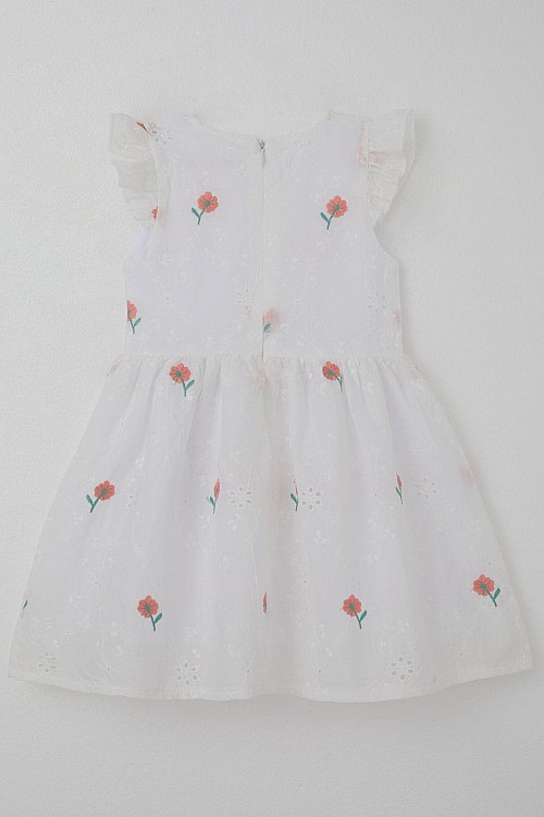 Kız Çocuk Elbise Çiçek Nakışlı Güpür Detaylı Ekru (3-7 Yaş)