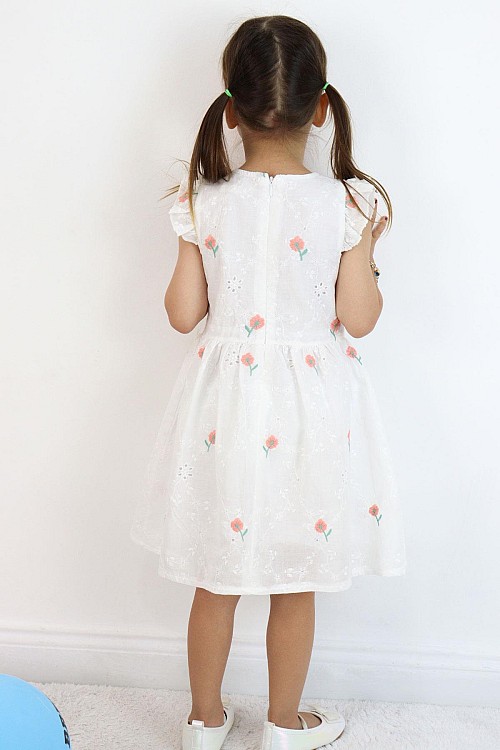 Kız Çocuk Elbise Çiçek Nakışlı Güpür Detaylı Ekru (3-7 Yaş)
