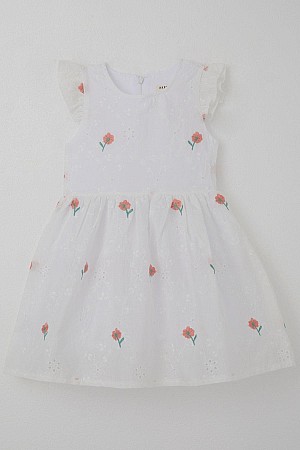 Kız Çocuk Elbise Çiçek Nakışlı Güpür Detaylı Ekru (3-7 Yaş)