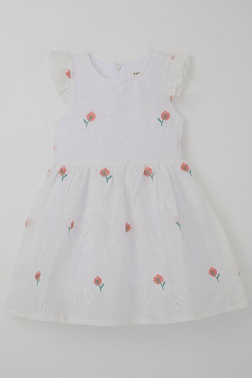 Kız Çocuk Elbise Çiçek Nakışlı Güpür Detaylı Ekru (3-7 Yaş)