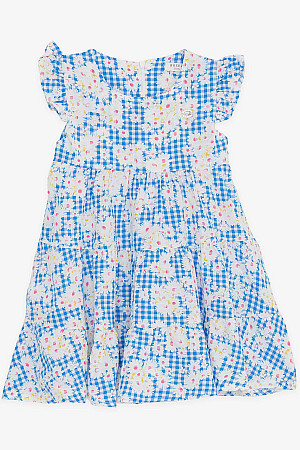 Kız Çocuk Elbise Çiçekli Kolları Fırfırlı Mavi (1.5-5 Yaş)