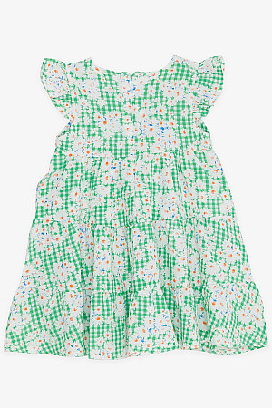 Kız Çocuk Elbise Çiçekli Kolları Fırfırlı Yeşil (1.5-5 Yaş)
