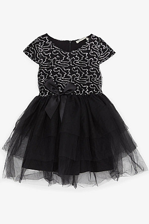 Kız Çocuk Elbise Fiyonklu Pullu Tüllü Siyah (5-10 Yaş)