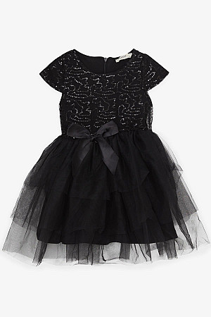 Kız Çocuk Elbise Fiyonklu Pullu Tüllü Siyah (5-10 Yaş)