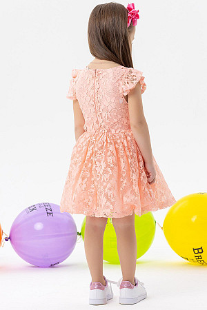 Kız Çocuk Elbise Fiyonklu Tüllü Güpürlü Somon (3-8 Yaş)