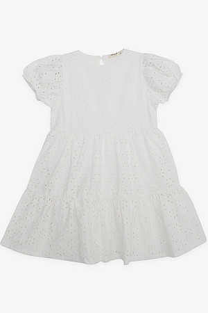 Kız Çocuk Elbise Güpürlü Nakışlı Kolları Lastikli Beyaz (6-12 Yaş)