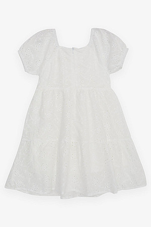 Kız Çocuk Elbise Nakışlı Kolları Lastikli Beyaz (6-12 Yaş)